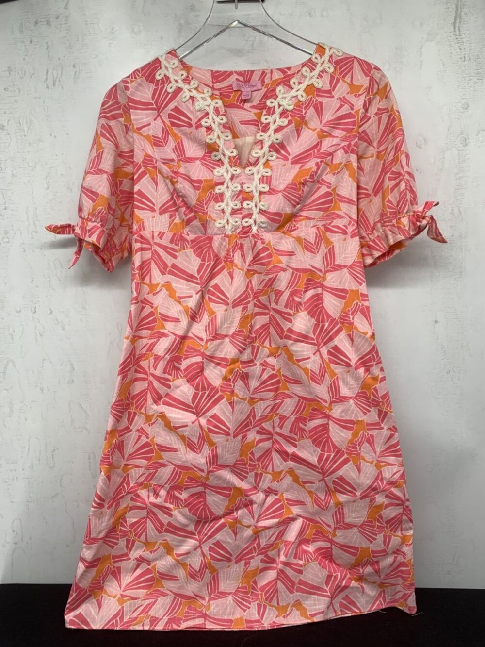 Lilly Pulitzer Pink & Orange Eliot Floral Palm Print Sz 4 Shift Dress V Neck Cro